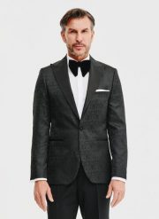 PAKO LORENTE – Czarna żakardowa marynarka smokingowa. Czarne garnitury Pako Lorente, na ślub cywilny, bez wzorów, z poliesteru. Za 1,499.99 zł.