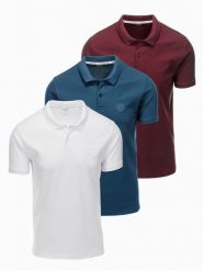 Komplet męskich bawełnianych t-shirtów polo BASIC – biały/bordowy/ciemnoniebieski V4 OM-POBS-0133 - XXL. Czerwone koszulki polo sportowe Ombre Clothing, l, bez wzorów, z bawełny, bez kołnierzyka, bez ramiączek. Za 149.99 zł.