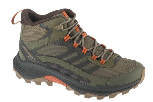 Buty trekkingowe męskie, Speed Strike 2 Mid GTX. Zielone buty turystyczne Merrell, bez wzorów, z materiału, bez zapięcia, trekkingowe. Za 684.50 zł.