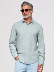 Męska wiskozowo-lniana koszula o kroju regular - pastelowa zieleń V4 - Rozmiar: XL. Szare koszule Ombre Clothing, m, bez wzorów, z denimu, bez kołnierzyka, bez ramiączek. Za 289.99 zł.