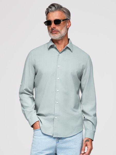 Męska wiskozowo-lniana koszula o kroju regular - pastelowa zieleń V4 - Rozmiar: XL. Szare koszule Ombre Clothing, m, bez wzorów, z denimu, bez kołnierzyka, bez ramiączek. Za 289.99 zł.