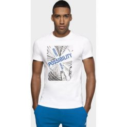 T-shirt męski TSM005 - biały. Białe t-shirty 4F, m, bez wzorów, bez kołnierzyka, bez ramiączek. W wyprzedaży za 49.99 zł.