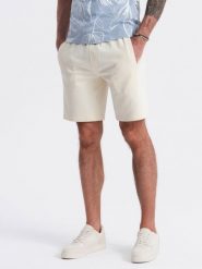 Dzianinowe spodenki męskie ze ściągaczem i kieszeniami - kremowe V12 OM-SRBS-0139 - XXL. Białe krótkie spodenki sportowe Ombre Clothing, l, bez wzorów, z bawełny. Za 83.99 zł.
