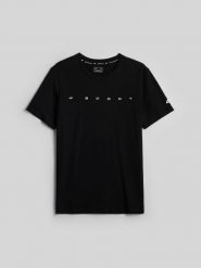 4F T-shirt regular z nadrukiem męski - czarny M. Czarne t-shirty 4F, m, bez wzorów, z bawełny, bez kołnierzyka, bez ramiączek. Za 59.99 zł.
