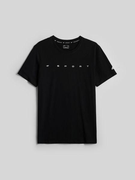 4F T-shirt regular z nadrukiem męski - czarny M. Czarne t-shirty 4F, m, bez wzorów, z bawełny, bez kołnierzyka, bez ramiączek. Za 59.99 zł.
