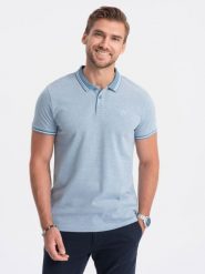 Melanżowa koszulka męska polo z kontrastowym kołnierzykiem - błękitna V3. Niebieskie koszulki polo sportowe Ombre Clothing, m, bez wzorów, z bawełny, bez kołnierzyka, bez ramiączek. W wyprzedaży za 39.99 zł.