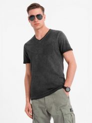 Męski bawełniany t-shirt V-neck z dzianiny z efektem sprania - czarny V6 - Rozmiar: M. Czarne t-shirty Ombre Clothing, l, bez wzorów, z bawełny, bez kołnierzyka, bez ramiączek. W wyprzedaży za 34.99 zł.