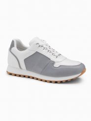 Patchworkowe buty męskie sneakersy z łączonych materiałów – biało-szare V3 OM-FOSL-0144 - 45. Szare buty sportowe casual Ombre Clothing, z aplikacjami, z materiału, bez zapięcia. Za 219.99 zł.