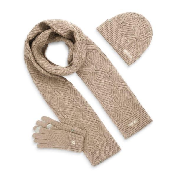 Zestaw czapka, szalik i rękawiczki Fitness Siroko Triad Sand Brown. Brązowe rękawiczki SIROKO, bez wzorów, z materiału. Za 85.60 zł.