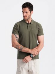 Męska jednokolorowa koszulka polo BASIC z dzianiny pique - ciemnooliwkowa V6 OM-POBS-0100 - XXL. Zielone koszulki polo sportowe Ombre Clothing, l, z aplikacjami, z bawełny, bez kołnierzyka, bez ramiączek. Za 77.99 zł.