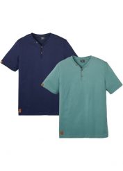 Shirt z dekoltem henley, krótki rękaw (2 szt.), z czystej bawełny organicznej. Czarne bluzki z długim rękawem bonprix, l, bez wzorów, z bawełny, bez kołnierzyka, bez ramiączek. Za 107.99 zł.