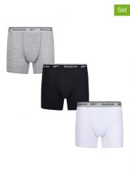 Reebok Bokserki (3 pary) "Ainslie" w kolorze czarnym, szarym i białym rozmiar: L. Białe bokserki Reebok, l, bez wzorów. Za 80.52 zł.