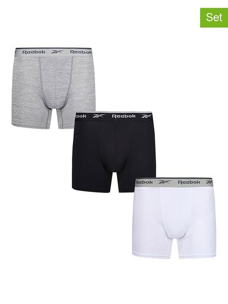 Reebok Bokserki (3 pary) "Ainslie" w kolorze czarnym, szarym i białym rozmiar: L. Białe bokserki Reebok, l, bez wzorów. Za 80.52 zł.