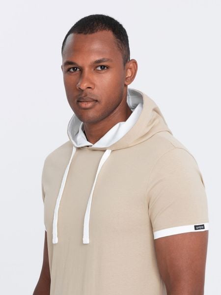 Męski casualowy t-shirt bawełniany z kapturem – beżowy V5 - Rozmiar: L. Brązowe t-shirty Ombre Clothing, l, bez wzorów, z bawełny, bez kołnierzyka, bez ramiączek. W wyprzedaży za 39.99 zł.