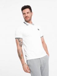 Męska koszulka polo z elastanem z kontrastowymi elementami - biała V1. Białe koszulki polo sportowe Ombre Clothing, l, bez wzorów, z bawełny, bez kołnierzyka, bez ramiączek. W wyprzedaży za 29.99 zł.