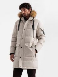 Długa ciepła męska kurtka typu parka z kapturem – beżowa V5 OM-JALJ-0182 - XXL. Brązowe kurtki Ombre Clothing, l, z aplikacjami, z materiału, z kapturem. W wyprzedaży za 239.99 zł.