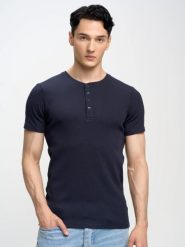 Koszulka męska z prążkowanej dzianiny granatowa Basicag 403. Niebieskie t-shirty BIG STAR, l, bez wzorów, z bawełny, bez kołnierzyka, bez ramiączek. Za 99.99 zł.