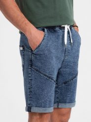 Podwinięte męskie krótkie spodenki jeansowe z przeszyciami – ciemnoniebieskie V3 OM-SRDS-0101 - S. Niebieskie szorty Ombre Clothing, m, bez wzorów, z bawełny. W wyprzedaży za 79.99 zł.