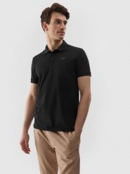 4F Koszulka polo regular męska - czarna S. Czarne koszulki polo 4F, m, bez wzorów, z bawełny, bez kołnierzyka, bez ramiączek. Za 89.99 zł.