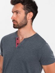 T-shirt męski z rozpinanym okrągłym dekoltem henley – granatowy V5 OM-TSCT-0155 - XXL. Niebieskie t-shirty Ombre Clothing, l, bez wzorów, z bawełny, bez kołnierzyka, bez ramiączek. Za 65.99 zł.
