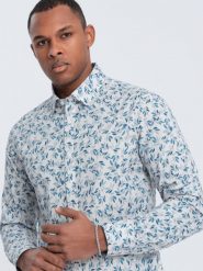Koszula męska SLIM FIT w print gałązek - niebiesko-szara V2 OM-SHPS-0163 - XXL. Szare koszule Ombre Clothing, l, bez wzorów, z bawełny, bez kołnierzyka, bez ramiączek. W wyprzedaży za 69.99 zł.