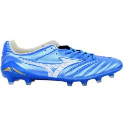 Buty piłkarskie męskie Mizuno Monarcida Neo III Pro FG laser blue/white. Niebieskie buty do biegania Mizuno, bez wzorów, z materiału, bez zapięcia, do piłki nożnej. Za 559.99 zł.