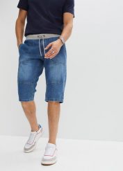 Lekkie długie bermudy jeansowe z elastyczną gumką w talii, relaxed fit. Niebieskie jeansy bonprix, m. Za 142.99 zł.