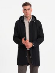Męski płaszcz z kapturem w delikatny prążek - czarny V2 OM-COSC-0112 - M. Czarne płaszcze Ombre Clothing, m, bez wzorów, z elastanu, eleganckie, z kapturem. Za 287.99 zł.