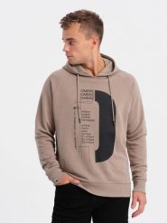 Męska bluza z nadrukiem HOODIE - ciemnobeżowa V2 OM-SSPS-0152 - L. Brązowe bluzy Ombre Clothing, l, bez wzorów, z bawełny. W wyprzedaży za 49.99 zł.