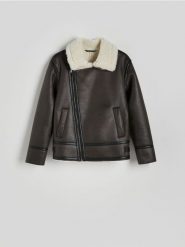 Kurtka z kożuchem - ciemnobrązowy. Brązowe kurtki Reserved, l, bez wzorów, ze skóry, bez kaptura. W wyprzedaży za 259.99 zł.