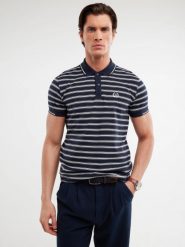 Koszulka męska polo w paski granatowa Meggon 403. Niebieskie koszulki polo BIG STAR, l, bez wzorów, z dzianiny, bez kołnierzyka, bez ramiączek. W wyprzedaży za 119.99 zł.