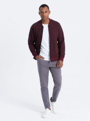 Jeansowe spodnie męskie bez przetarć SLIM FIT - grafitowe V5 OM-PADP-0148 - XL. Szare spodnie materiałowe Ombre Clothing, na co dzień, l, bez wzorów, z bawełny, casualowe. W wyprzedaży za 89.99 zł.