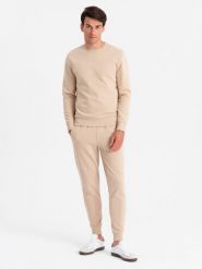 Komplet dresowy męski bawełniany BASIC bluza nierozpinana + joggery – beżowy V6 Z84 - XXL. Brązowe joggery i bojówki Ombre Clothing, m, bez wzorów, z bawełny. Za 161.99 zł.