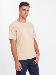 T-shirt męski LOOSE FIT z kieszonką – beżowy V1 OM-TSCT-0171 - XXL. Brązowe t-shirty Ombre Clothing, l, z aplikacjami, z bawełny, bez kołnierzyka, bez ramiączek. W wyprzedaży za 49.99 zł.