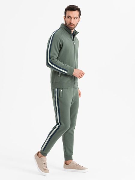 Komplet dresowy set męski bluza rozpinana + spodnie dresowe joggery - oliwkowy V2 - Rozmiar: S. Zielone joggery i bojówki Ombre Clothing, m, z aplikacjami, z bawełny, biznesowe. W wyprzedaży za 293.99 zł.