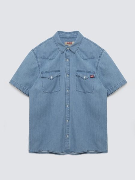 Koszula męska jeansowa z linii Authentic niebieska Short Sleeve Western 267. Niebieskie koszule BIG STAR, na lato, l, bez wzorów, z bawełny, bez kołnierzyka, bez ramiączek. Za 249.99 zł.