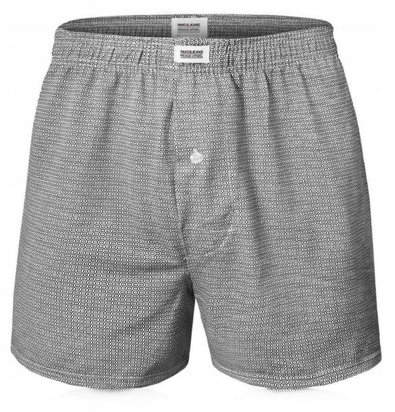 Męskie Bokserki Luźne, Majtki z Rozporkiem na Guzik - Pako Jeans - Drobny Wzór. Szare bokserki Pako Jeans, l, bez wzorów, z bawełny. Za 33.00 zł.