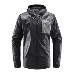 Kurtka turystyczna męska Haglöfs L.I.M Shield Hood przeciwdeszczowa. Czarne kurtki Haglöfs, l, bez wzorów, z softshellu, bez kaptura. Za 379.99 zł.