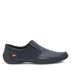 Półbuty Rieker. Niebieskie eleganckie półbuty Rieker, bez wzorów, bez obcasa, bez zapięcia. Za 249.99 zł.