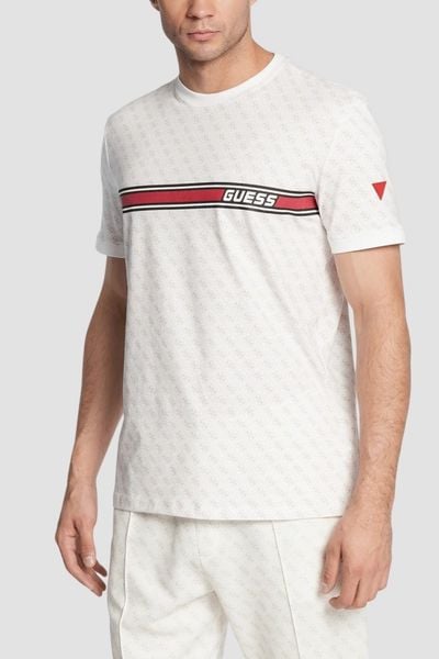 GUESS Biały męski t-shirt w monogram James, Rozmiar S. Białe t-shirty Guess, m, z aplikacjami, bez kołnierzyka, bez ramiączek. W wyprzedaży za 109.99 zł.
