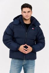 TOMMY JEANS Granatowa puchowa kurtka z dużym logo Alaska. Niebieskie kurtki Tommy Jeans, l, bez wzorów, z jeansu, bez kaptura. W wyprzedaży za 617.99 zł.