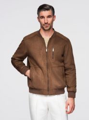 Kurtka bomberka męska z imitacji zamszu - brązowa V1 - Rozmiar: M. Brązowe kurtki Ombre Clothing, l, z aplikacjami, z materiału, bez kaptura. Za 399.99 zł.