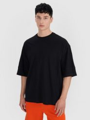 4F T-shirt oversize gładki męski - czarny L. Czarne t-shirty 4F, l, bez wzorów, z bawełny, bez kołnierzyka, bez ramiączek. W wyprzedaży za 39.99 zł.