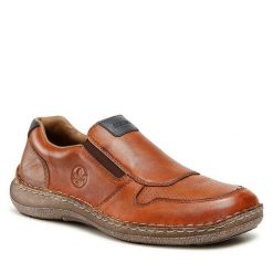 Półbuty Rieker. Brązowe eleganckie półbuty Rieker, bez wzorów, bez obcasa, bez zapięcia. Za 279.99 zł.