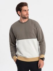 Bluza męska OVERSIZE z kontrastowym łączeniem kolorów - khaki V7 OM-SSNZ-0130 - XXL. Brązowe bluzy Ombre Clothing, l, z aplikacjami, z bawełny, bez kaptura. W wyprzedaży za 49.99 zł.