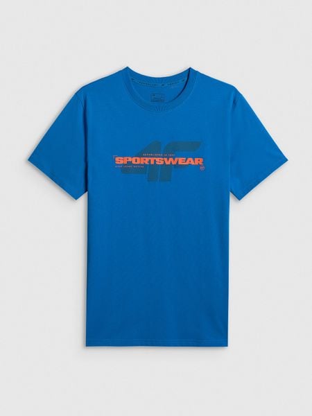 4F T-shirt regular z nadrukiem męski - niebieski XXL. Niebieskie t-shirty 4F, m, bez wzorów, z bawełny, bez kołnierzyka, bez ramiączek. Za 59.99 zł.