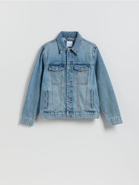 Jeansowa kurtka - niebieski. Niebieskie kurtki Reserved, l, bez wzorów, z denimu, bez kaptura. Za 169.99 zł.