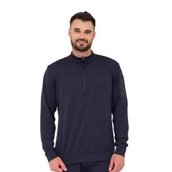 Bluza męska wełniana z krótkim ekspresem Brubeck OUTDOOR MERINO. Niebieskie bluzy Brubeck, m, bez wzorów, z elastanu, bez kaptura. Za 299.00 zł.