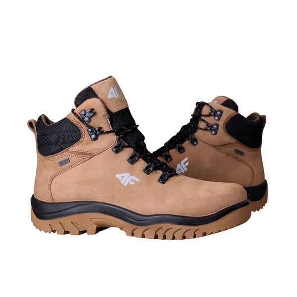 Męskie Skórzane Buty Turystyczne OBMH257. Brązowe buty turystyczne 4F, bez wzorów, bez zapięcia. Za 534.99 zł.