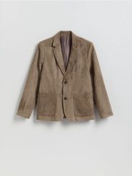 Marynarka regular fit z imitacji zamszu - ciemnozielony. Zielone garnitury Reserved, l, bez wzorów. Za 199.99 zł.